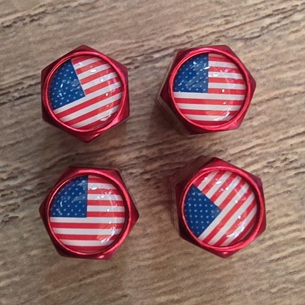 Set of four Red metal American Flag tire valve stem dust caps